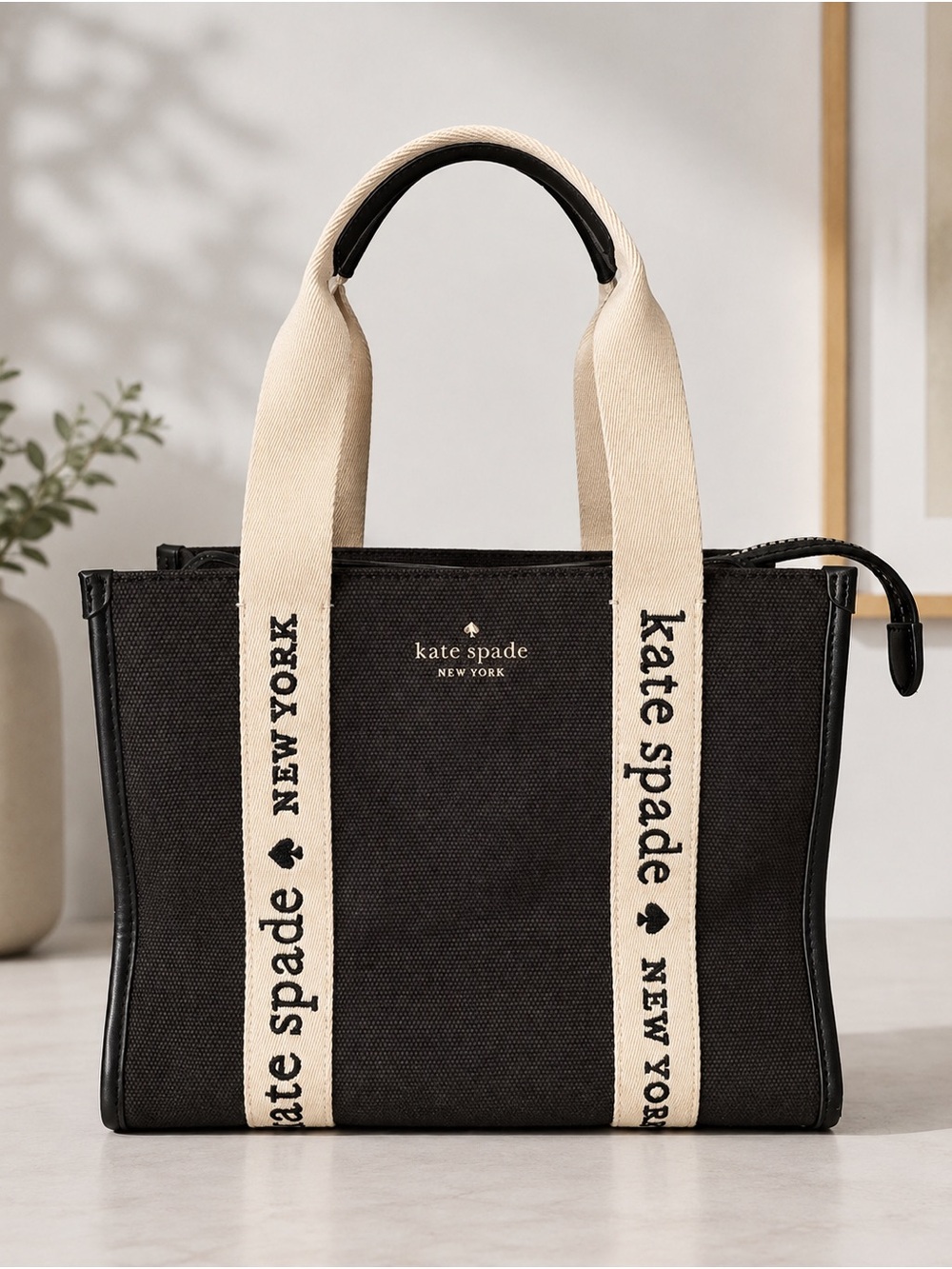 kate spade Black Tote with Cream Branded Straps